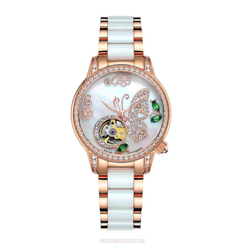 Sollen SL406 Women's Butterfly Open Heart Automatic Watch - 35mm Crystal Bezel Sapphire Crystal Miyota 90S5 Ceramic Bracelet Wristwatch