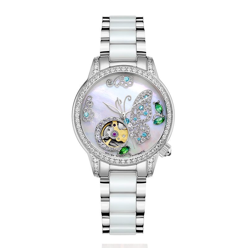 Sollen SL406 Women's Butterfly Open Heart Automatic Watch - 35mm Crystal Bezel Sapphire Crystal Miyota 90S5 Ceramic Bracelet Wristwatch