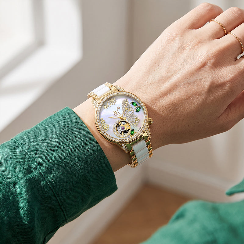 Sollen SL406 Women's Butterfly Open Heart Automatic Watch - 35mm Crystal Bezel Sapphire Crystal Miyota 90S5 Ceramic Bracelet Wristwatch