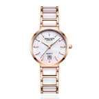 Sollen SL407 Women's Ultra Slim Quartz Watch - 29.5mm Mother of Pearl Dial Seiko VJ12 Date Ceramic Stainless Steel Bracelet Wristwatch