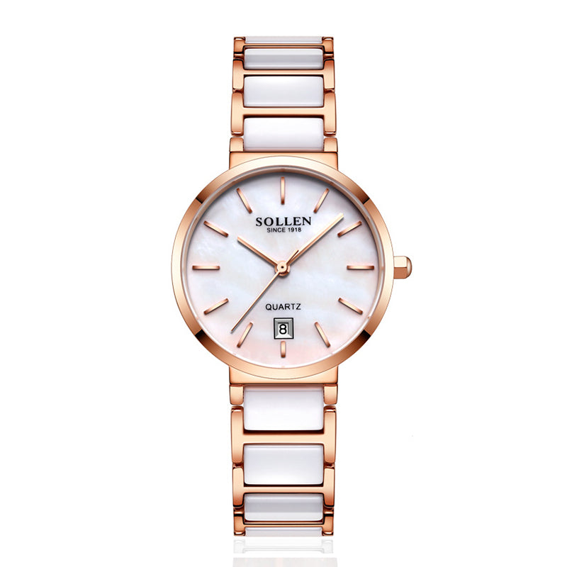 Sollen SL407 Women's Ultra Slim Quartz Watch - 29.5mm Mother of Pearl Dial Seiko VJ12 Date Ceramic Stainless Steel Bracelet Wristwatch