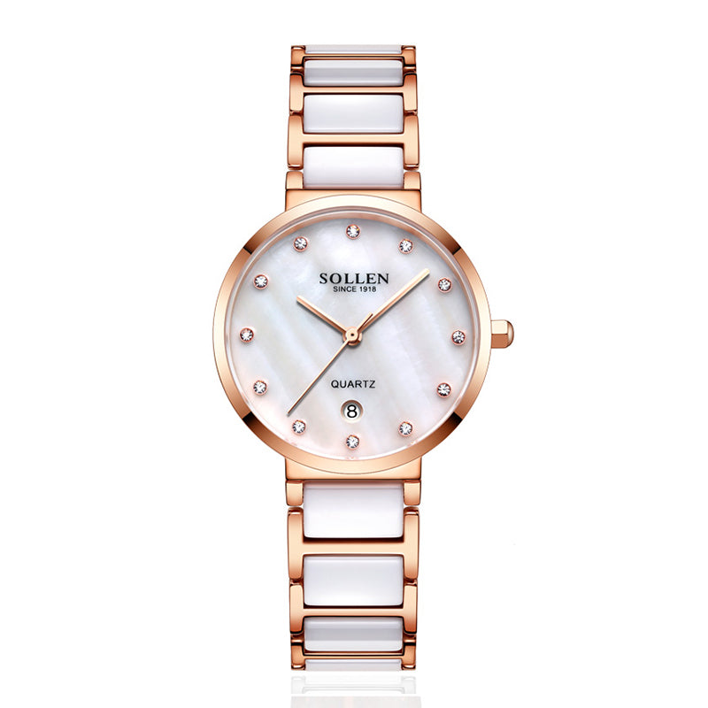 Sollen SL407 Women's Ultra Slim Quartz Watch - 29.5mm Mother of Pearl Dial Seiko VJ12 Date Ceramic Stainless Steel Bracelet Wristwatch