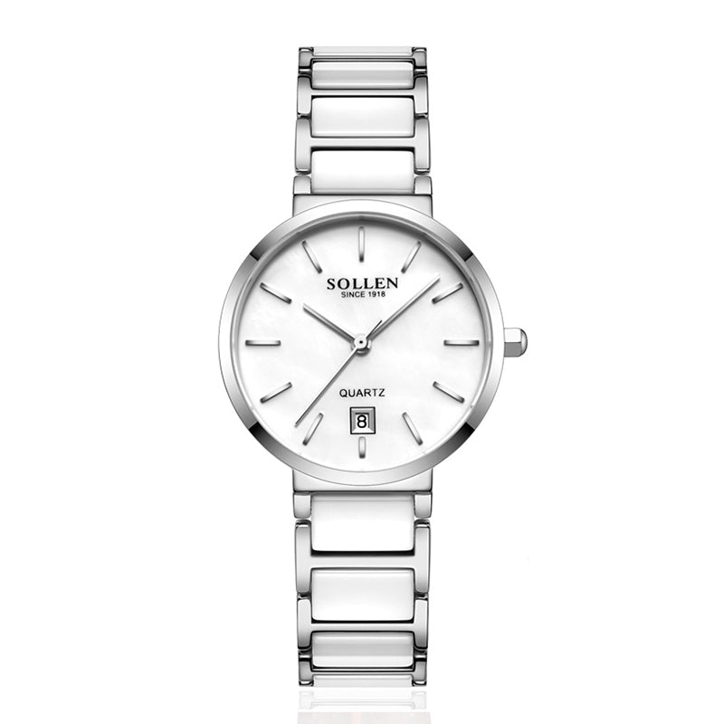 Sollen SL407 Women's Ultra Slim Quartz Watch - 29.5mm Mother of Pearl Dial Seiko VJ12 Date Ceramic Stainless Steel Bracelet Wristwatch