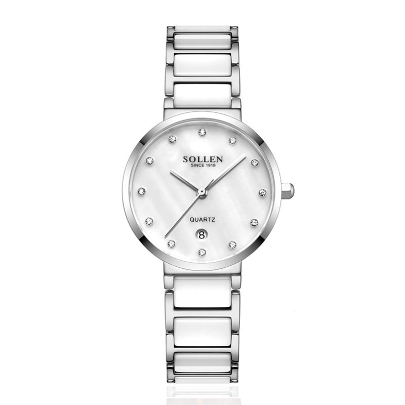 Sollen SL407 Women's Ultra Slim Quartz Watch - 29.5mm Mother of Pearl Dial Seiko VJ12 Date Ceramic Stainless Steel Bracelet Wristwatch