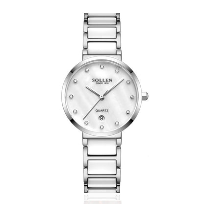 Sollen SL407 Women's Ultra Slim Quartz Watch - 29.5mm Mother of Pearl Dial Seiko VJ12 Date Ceramic Stainless Steel Bracelet Wristwatch