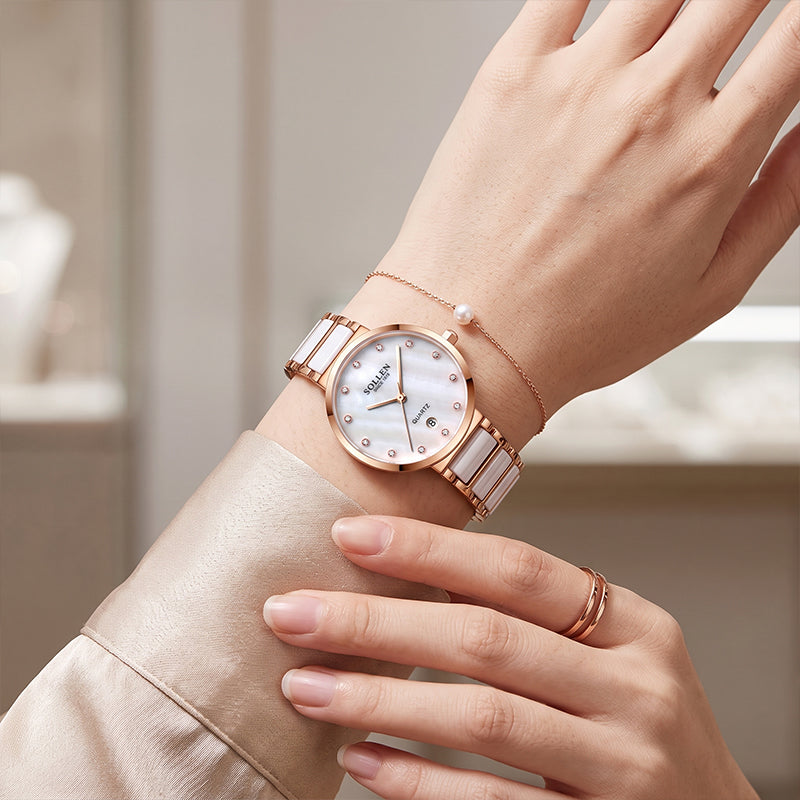Sollen SL407 Women's Ultra Slim Quartz Watch - 29.5mm Mother of Pearl Dial Seiko VJ12 Date Ceramic Stainless Steel Bracelet Wristwatch