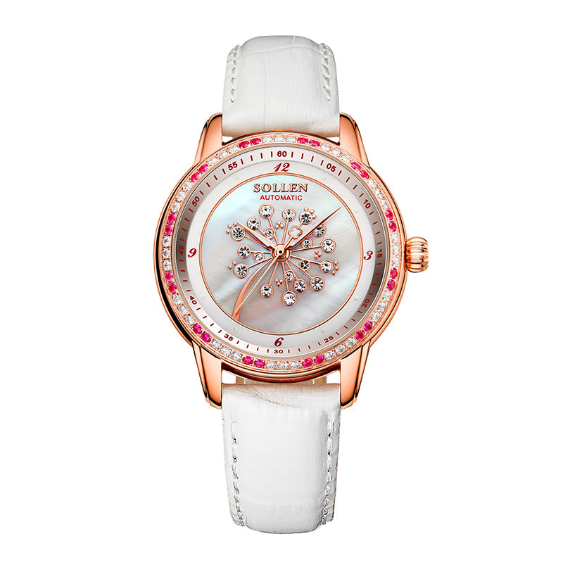 Sollen SL408 Women's Dandelion Skeleton Automatic Watch - 35mm Crystal Bezel Mother of Pearl Dial Leather Strap Wristwatch