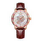 Sollen SL408 Women's Dandelion Skeleton Automatic Watch - 35mm Crystal Bezel Mother of Pearl Dial Leather Strap Wristwatch
