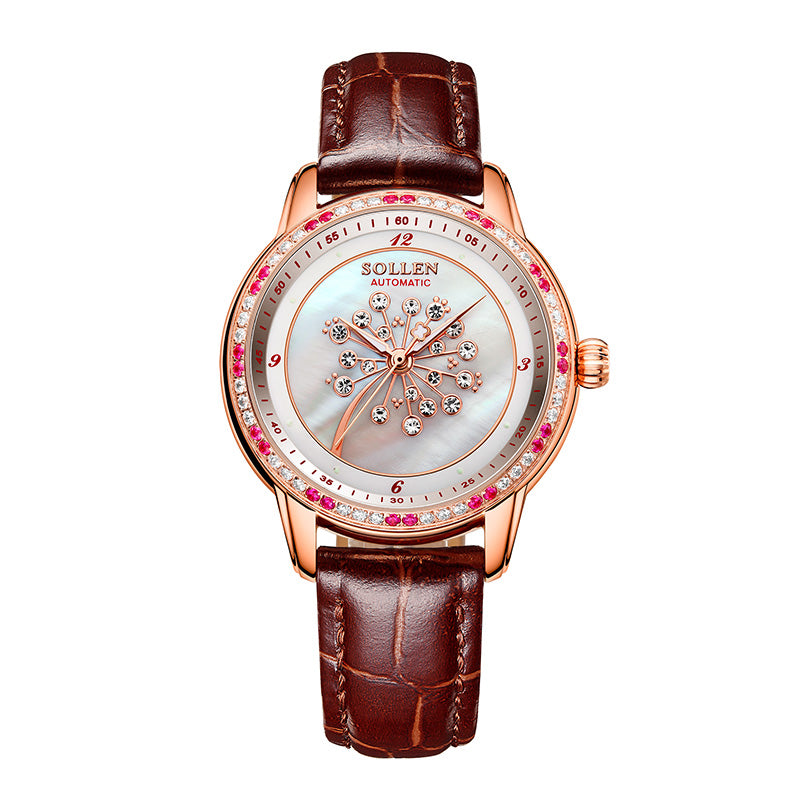 Sollen SL408 Women's Dandelion Skeleton Automatic Watch - 35mm Crystal Bezel Mother of Pearl Dial Leather Strap Wristwatch