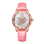 Sollen SL408 Women's Dandelion Skeleton Automatic Watch - 35mm Crystal Bezel Mother of Pearl Dial Leather Strap Wristwatch