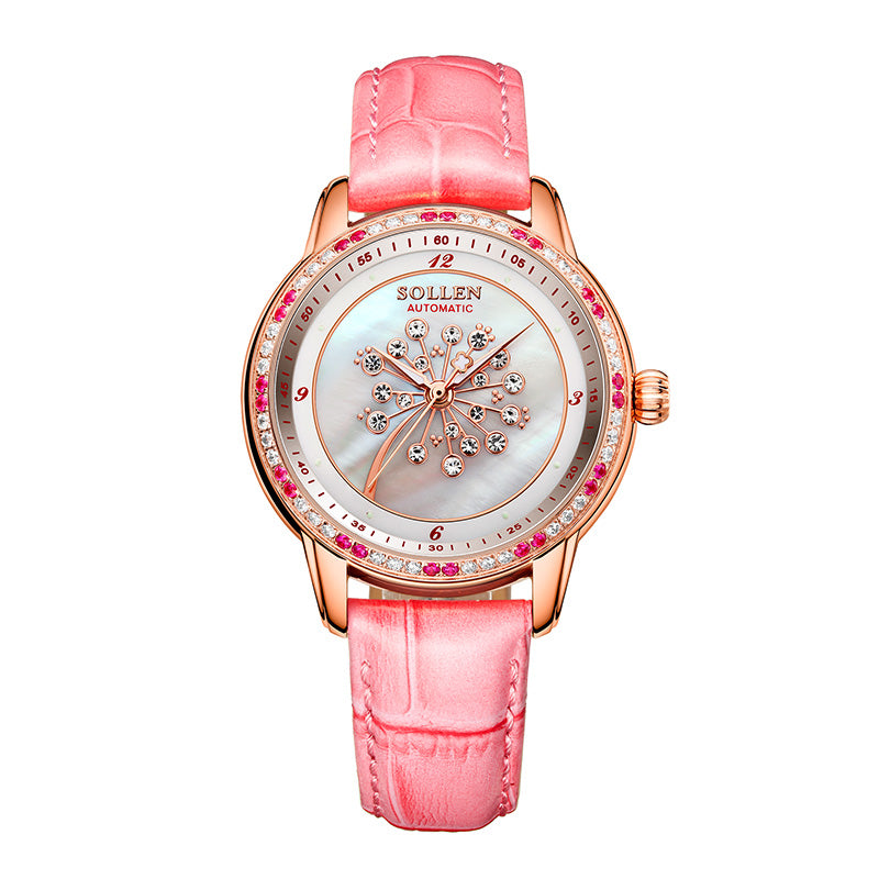 Sollen SL408 Women's Dandelion Skeleton Automatic Watch - 35mm Crystal Bezel Mother of Pearl Dial Leather Strap Wristwatch