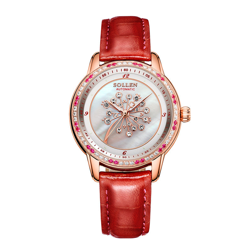 Sollen SL408 Women's Dandelion Skeleton Automatic Watch - 35mm Crystal Bezel Mother of Pearl Dial Leather Strap Wristwatch
