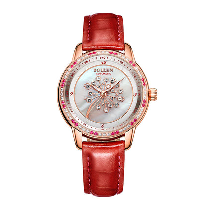 Sollen SL408 Women's Dandelion Skeleton Automatic Watch - 35mm Crystal Bezel Mother of Pearl Dial Leather Strap Wristwatch