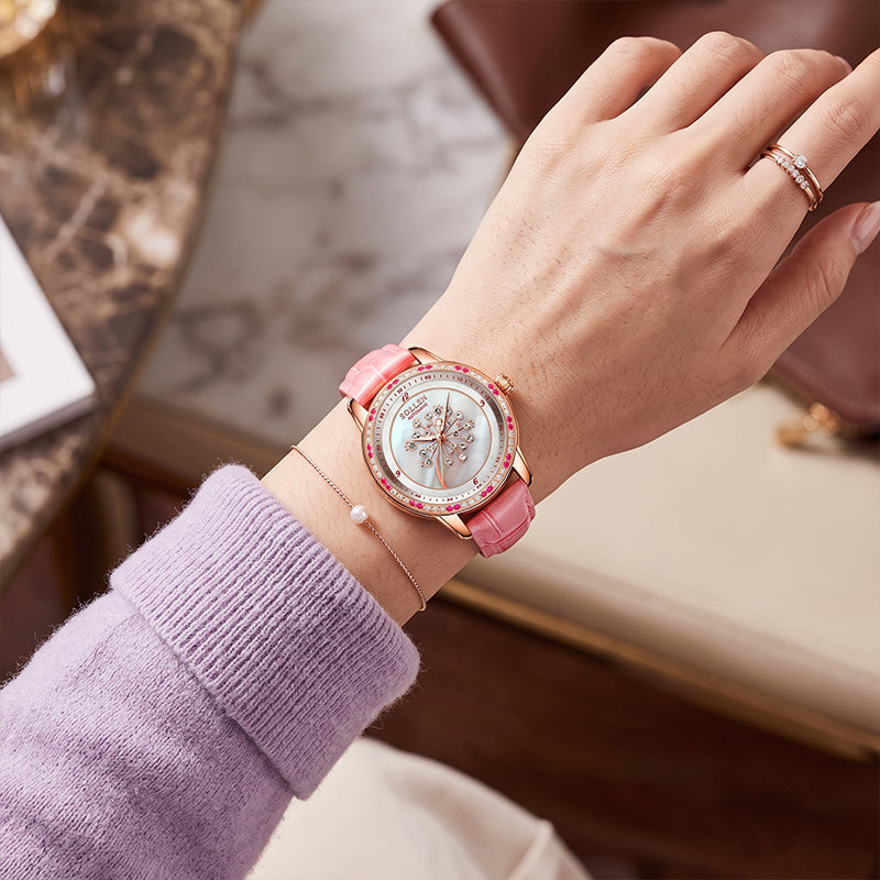 Sollen SL408 Women's Dandelion Skeleton Automatic Watch - 35mm Crystal Bezel Mother of Pearl Dial Leather Strap Wristwatch