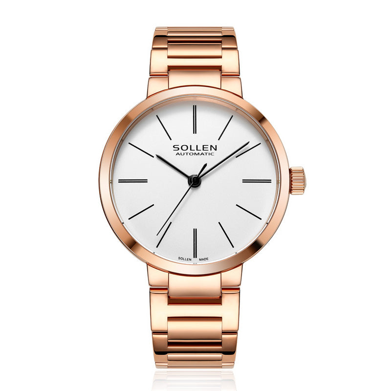 Sollen SL409 Women's Minimalist Automatic Mechanical Watch - 34mm Crystal Bezel Sandblasted Dial Stainless Steel Bracelet Wristwatch