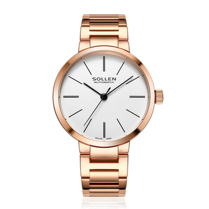 Sollen SL409 Women's Minimalist Automatic Mechanical Watch - 34mm Crystal Bezel Sandblasted Dial Stainless Steel Bracelet Wristwatch