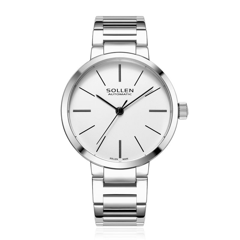 Sollen SL409 Women's Minimalist Automatic Mechanical Watch - 34mm Crystal Bezel Sandblasted Dial Stainless Steel Bracelet Wristwatch
