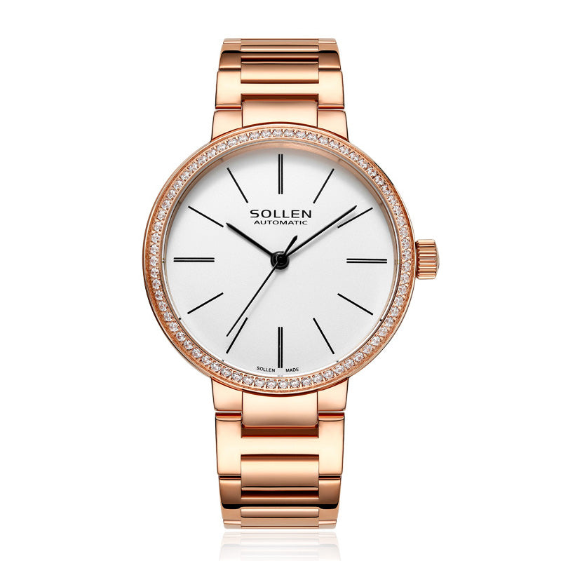 Sollen SL409 Women's Minimalist Automatic Mechanical Watch - 34mm Crystal Bezel Sandblasted Dial Stainless Steel Bracelet Wristwatch