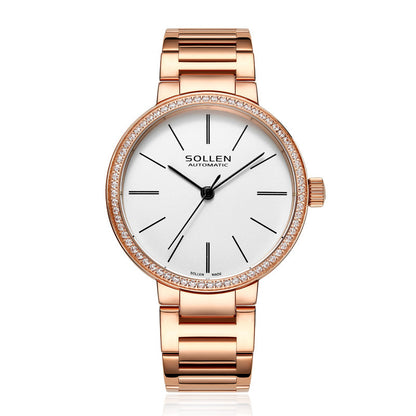 Sollen SL409 Women's Minimalist Automatic Mechanical Watch - 34mm Crystal Bezel Sandblasted Dial Stainless Steel Bracelet Wristwatch