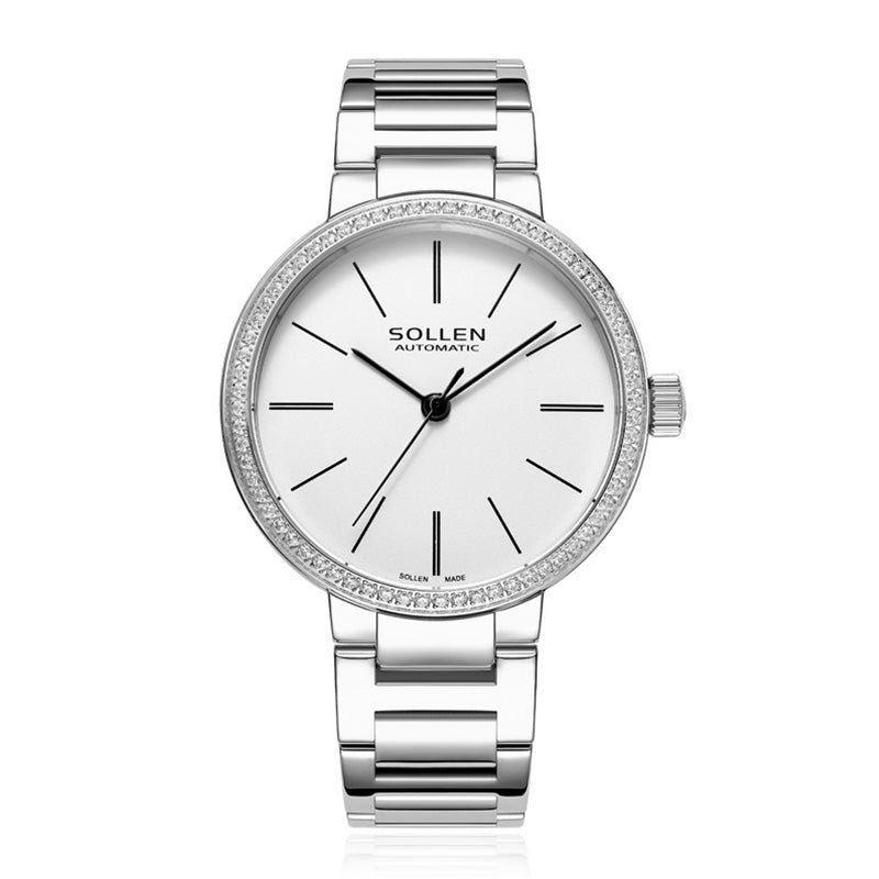 Sollen SL409 Women's Minimalist Automatic Mechanical Watch - 34mm Crystal Bezel Sandblasted Dial Stainless Steel Bracelet Wristwatch