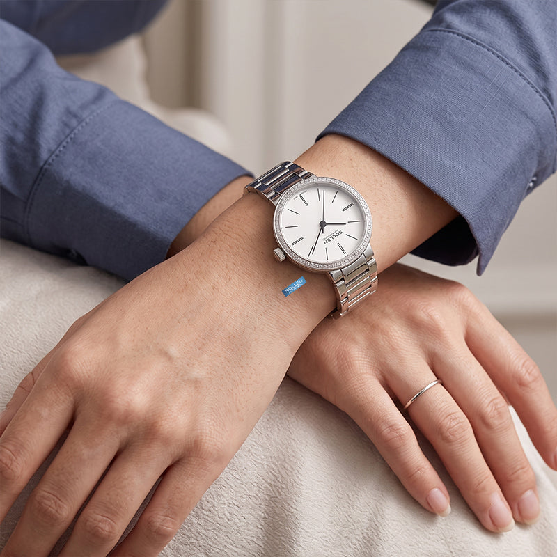 Sollen SL409 Women's Minimalist Automatic Mechanical Watch - 34mm Crystal Bezel Sandblasted Dial Stainless Steel Bracelet Wristwatch