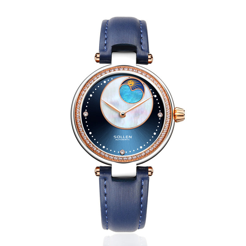 Sollen SL410 Women's Moon Phase Automatic Mechanical Watch - 32.5mm Crystal Bezel Mother of Pearl Dial Wristwatch