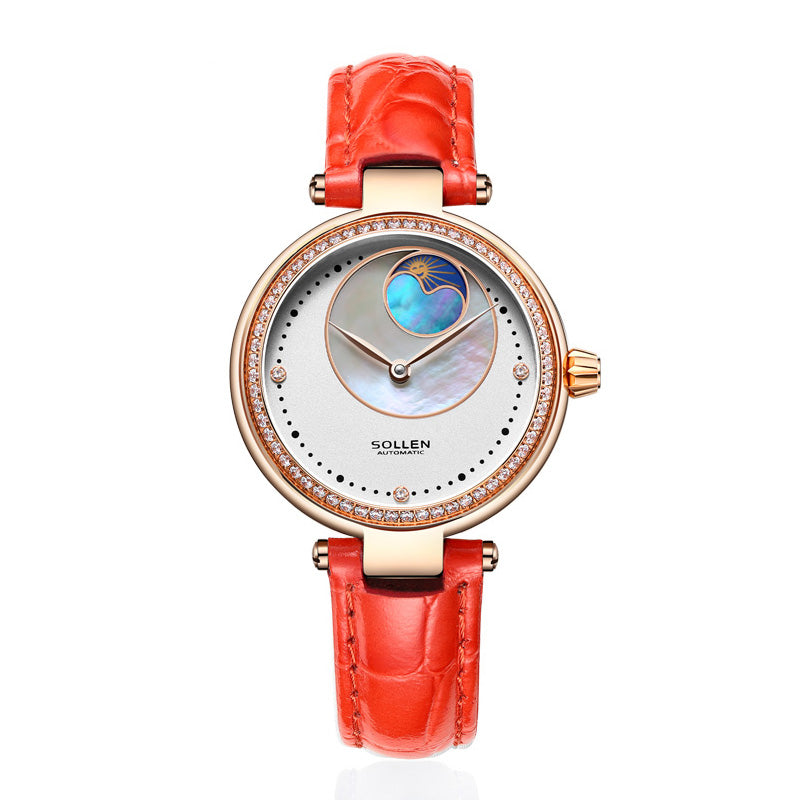 Sollen SL410 Women's Moon Phase Automatic Mechanical Watch - 32.5mm Crystal Bezel Mother of Pearl Dial Wristwatch