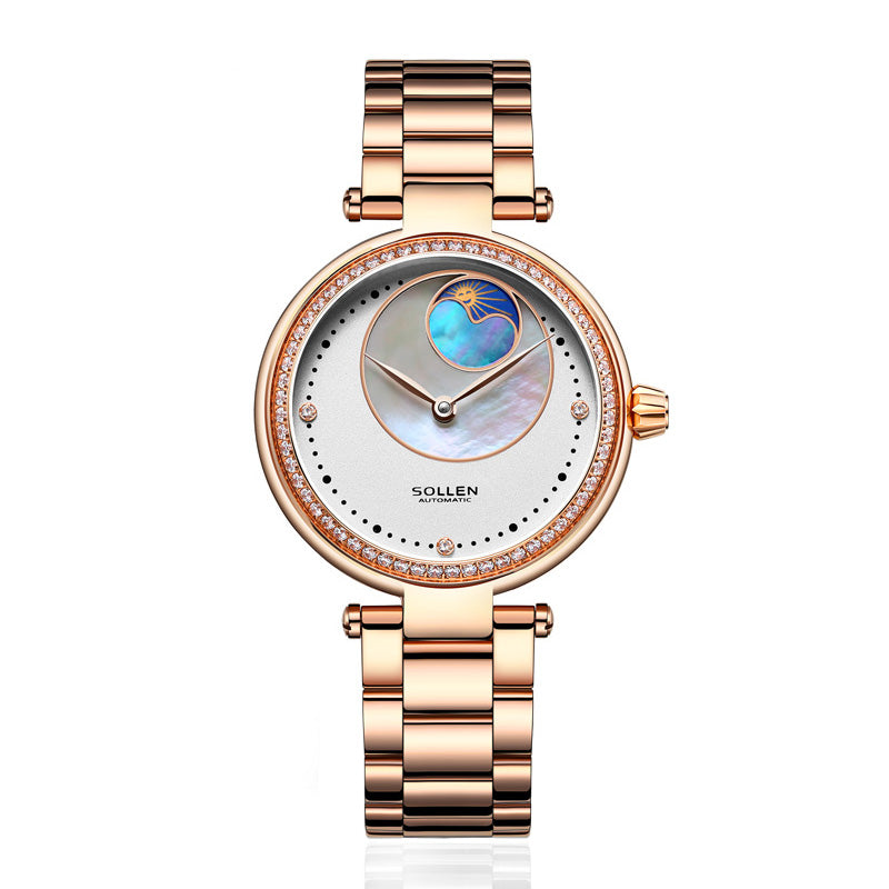 Sollen SL410 Women's Moon Phase Automatic Mechanical Watch - 32.5mm Crystal Bezel Mother of Pearl Dial Wristwatch
