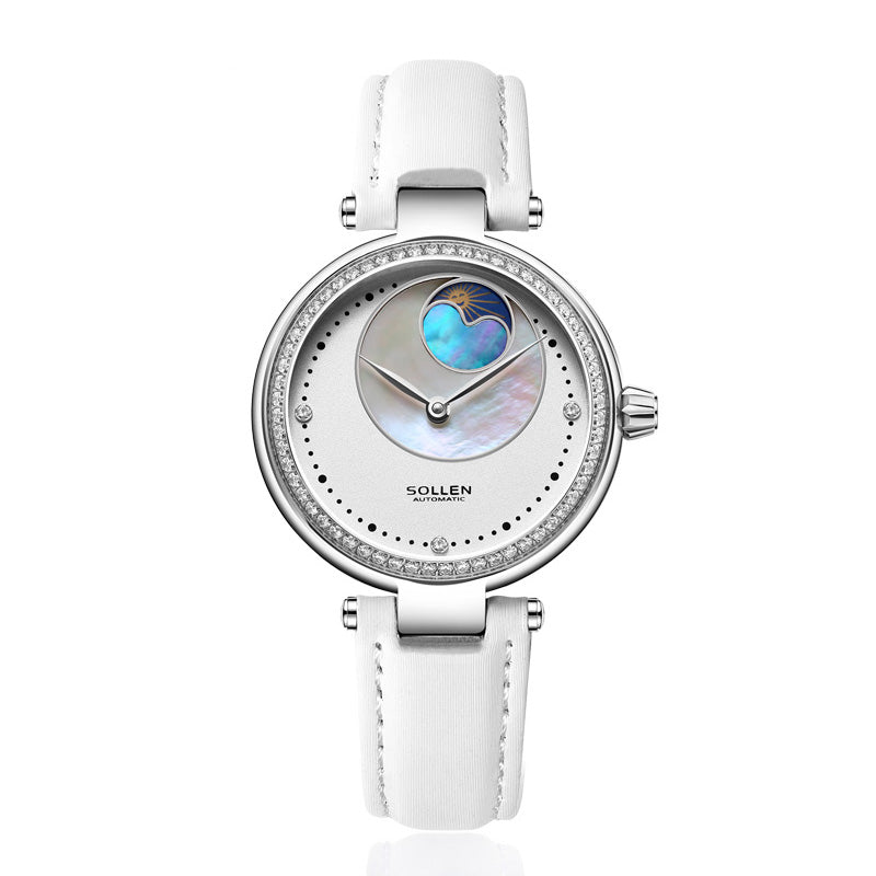 Sollen SL410 Women's Moon Phase Automatic Mechanical Watch - 32.5mm Crystal Bezel Mother of Pearl Dial Wristwatch