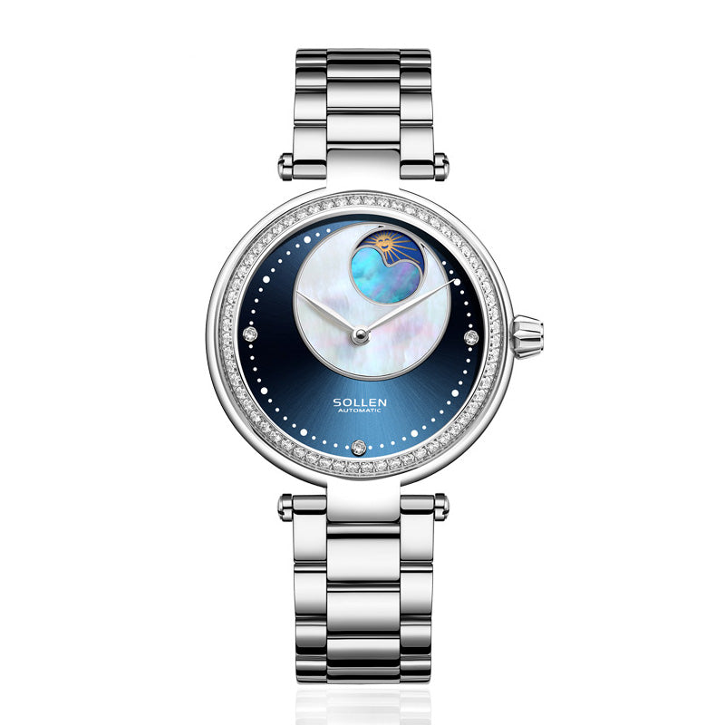 Sollen SL410 Women's Moon Phase Automatic Mechanical Watch - 32.5mm Crystal Bezel Mother of Pearl Dial Wristwatch