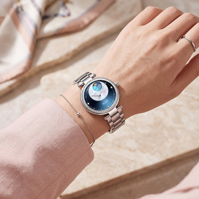 Sollen SL410 Women's Moon Phase Automatic Mechanical Watch - 32.5mm Crystal Bezel Mother of Pearl Dial Wristwatch