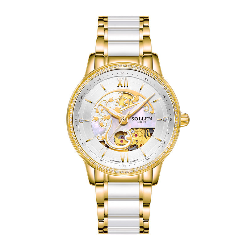 Sollen SL412 Women's Skeleton Automatic Watch - 36.5mm Crystal Bezel Sapphire Crystal Miyota 82S0 Ceramic Bracelet Wristwatch