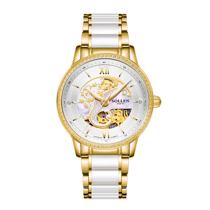 Sollen SL412 Women's Skeleton Automatic Watch - 36.5mm Crystal Bezel Sapphire Crystal Miyota 82S0 Ceramic Bracelet Wristwatch