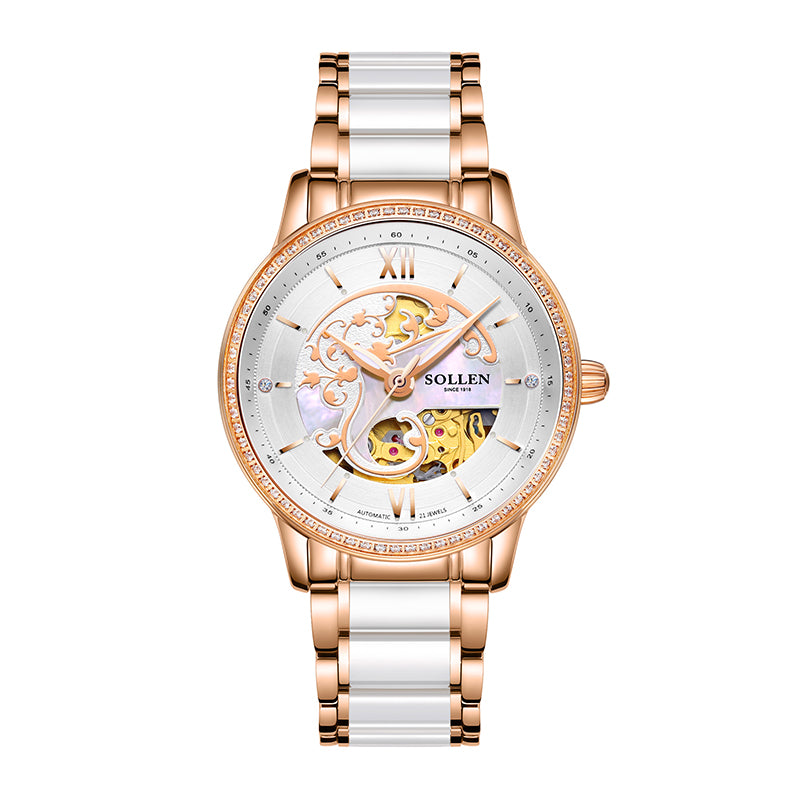 Sollen SL412 Women's Skeleton Automatic Watch - 36.5mm Crystal Bezel Sapphire Crystal Miyota 82S0 Ceramic Bracelet Wristwatch