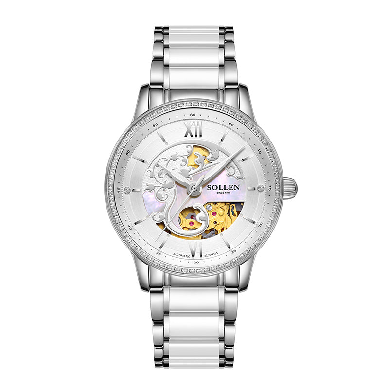 Sollen SL412 Women's Skeleton Automatic Watch - 36.5mm Crystal Bezel Sapphire Crystal Miyota 82S0 Ceramic Bracelet Wristwatch