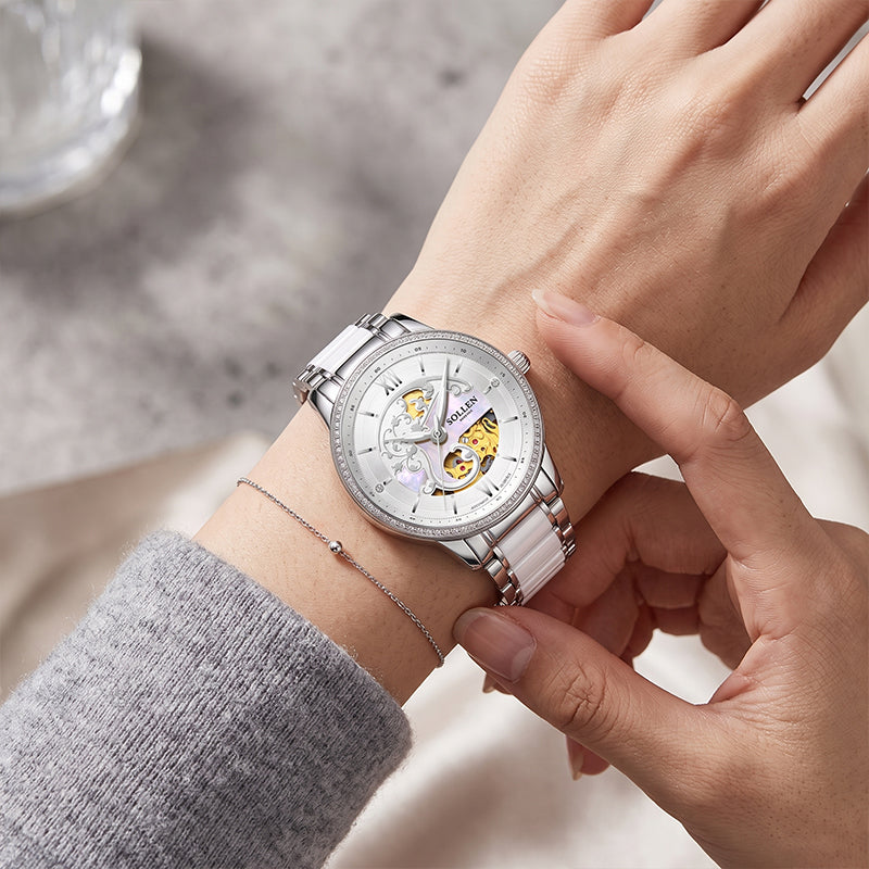 Sollen SL412 Women's Skeleton Automatic Watch - 36.5mm Crystal Bezel Sapphire Crystal Miyota 82S0 Ceramic Bracelet Wristwatch