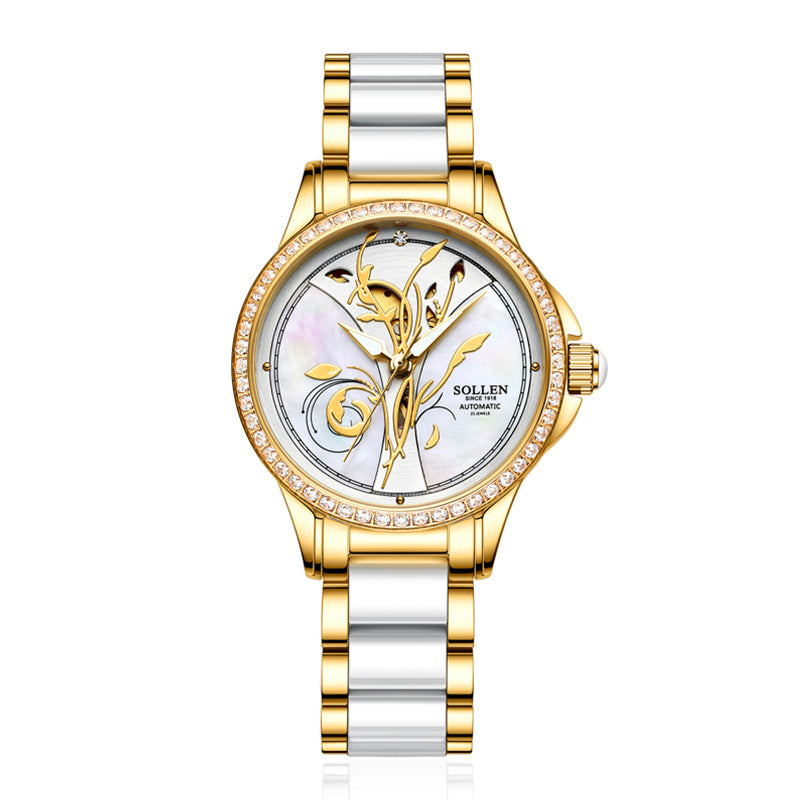 Sollen SL415 Women's Floral Skeleton Automatic Watch - 32.5mm Crystal Bezel Mother of Pearl Dial Ceramic Stainless Steel Bracelet Wristwatch