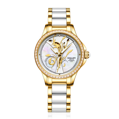 Sollen SL415 Women's Floral Skeleton Automatic Watch - 32.5mm Crystal Bezel Mother of Pearl Dial Ceramic Stainless Steel Bracelet Wristwatch