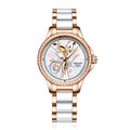 Sollen SL415 Women's Floral Skeleton Automatic Watch - 32.5mm Crystal Bezel Mother of Pearl Dial Ceramic Stainless Steel Bracelet Wristwatch