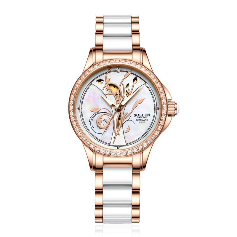 Sollen SL415 Women's Floral Skeleton Automatic Watch - 32.5mm Crystal Bezel Mother of Pearl Dial Ceramic Stainless Steel Bracelet Wristwatch