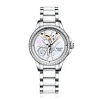 Sollen SL415 Women's Floral Skeleton Automatic Watch - 32.5mm Crystal Bezel Mother of Pearl Dial Ceramic Stainless Steel Bracelet Wristwatch