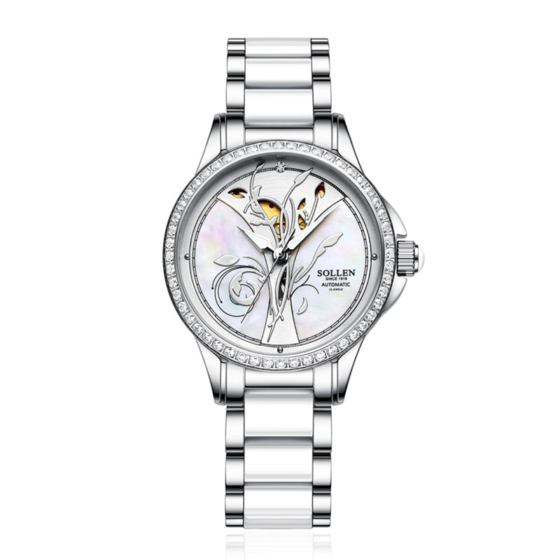 Sollen SL415 Women's Floral Skeleton Automatic Watch - 32.5mm Crystal Bezel Mother of Pearl Dial Ceramic Stainless Steel Bracelet Wristwatch