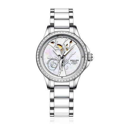 Sollen SL415 Women's Floral Skeleton Automatic Watch - 32.5mm Crystal Bezel Mother of Pearl Dial Ceramic Stainless Steel Bracelet Wristwatch