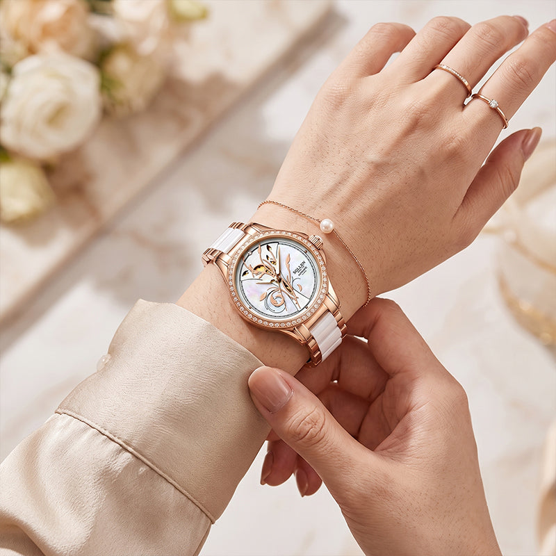 Sollen SL415 Women's Floral Skeleton Automatic Watch - 32.5mm Crystal Bezel Mother of Pearl Dial Ceramic Stainless Steel Bracelet Wristwatch