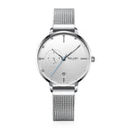 Sollen SL416 Women's Automatic Mechanical Watch - 36mm Stainless Steel Case Slim 9.9mm 24-Hour Subdial Date Mesh Bracelet Wristwatch