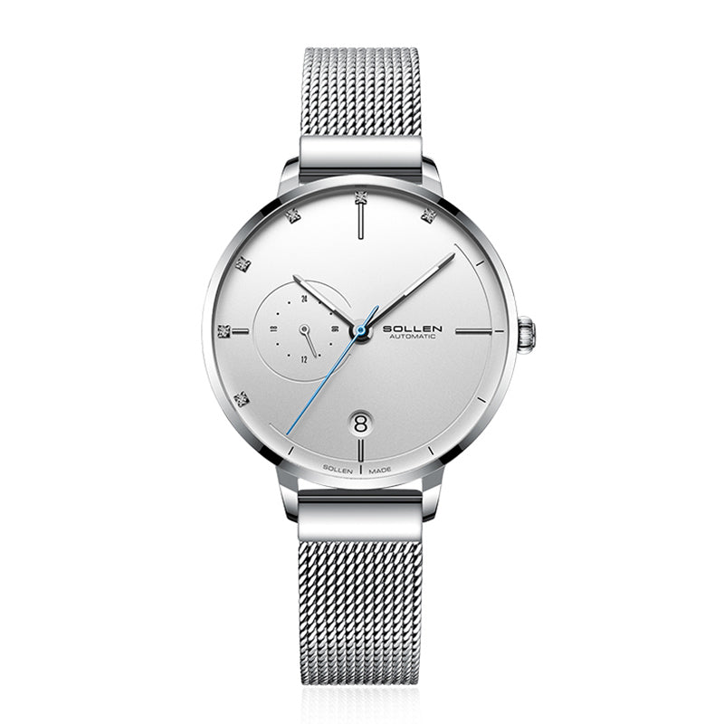 Sollen SL416 Women's Automatic Mechanical Watch - 36mm Stainless Steel Case Slim 9.9mm 24-Hour Subdial Date Mesh Bracelet Wristwatch