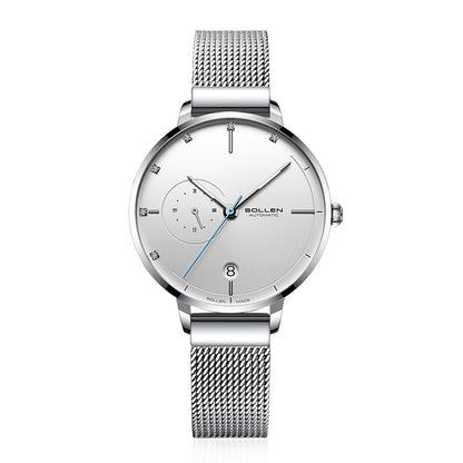Sollen SL416 Women's Automatic Mechanical Watch - 36mm Stainless Steel Case Slim 9.9mm 24-Hour Subdial Date Mesh Bracelet Wristwatch