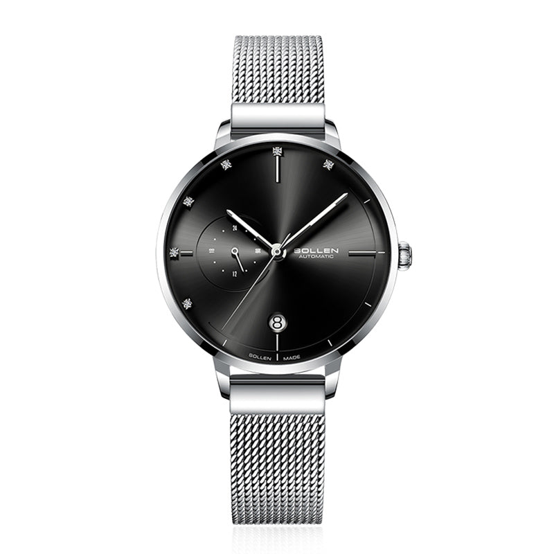 Sollen SL416 Women's Automatic Mechanical Watch - 36mm Stainless Steel Case Slim 9.9mm 24-Hour Subdial Date Mesh Bracelet Wristwatch