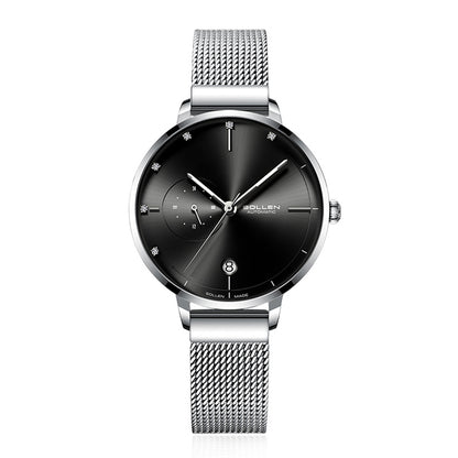 Sollen SL416 Women's Automatic Mechanical Watch - 36mm Stainless Steel Case Slim 9.9mm 24-Hour Subdial Date Mesh Bracelet Wristwatch