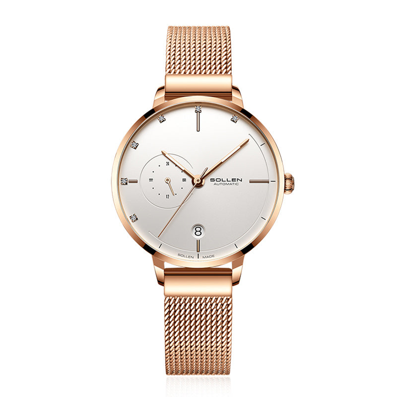 Sollen SL416 Women's Automatic Mechanical Watch - 36mm Stainless Steel Case Slim 9.9mm 24-Hour Subdial Date Mesh Bracelet Wristwatch